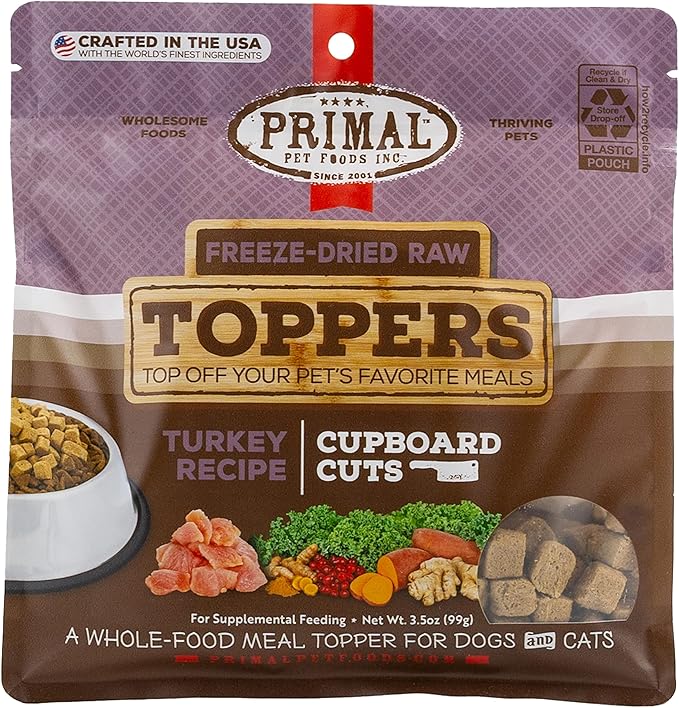 Primal Dog Food Toppers & Cat Food Toppers, Cupboard Cuts, Grain Free Meal Mixers with Probiotics, Raw Freeze Dried Dog Treats & Cat Treats, Great for Training (Turkey, 3.5 oz)