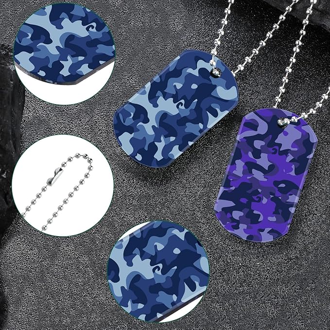 Saintrygo 48 Pcs Camouflage Dog Tags Military Acrylic Army Dog Tags Party Favors Camo Party Favors Include 24 Camo Necklaces with 24 Beaded Chains for Kids Men Women(Dark Colors)