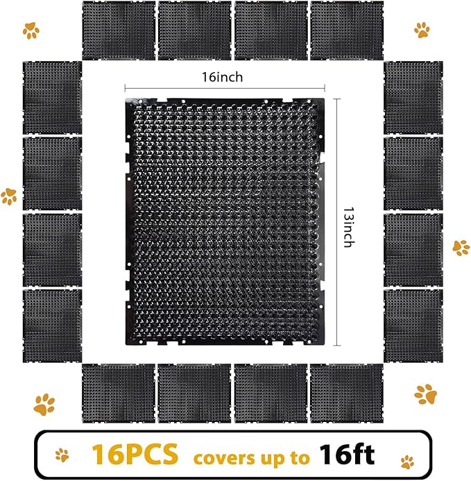 16 Pack Cat Repellent Outdoor Mat Cats Dogs Plastic Bendable Spiked Deterrent Training Repellent PET Mats with Spikes for Indoor Outdoor Supplies, 18.3 Square Feet, 16 x 13 Inch(Black)