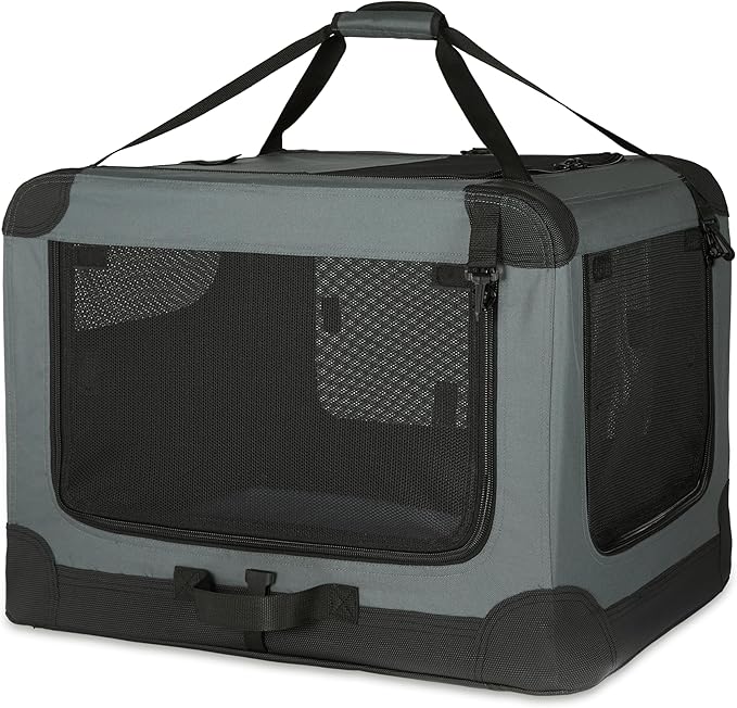Amazon Basics Portable Dog Crate Pet Carrier 4-Door Soft Folding Cat Carrier Large, 36L x 24W x 24H inches, Grey
