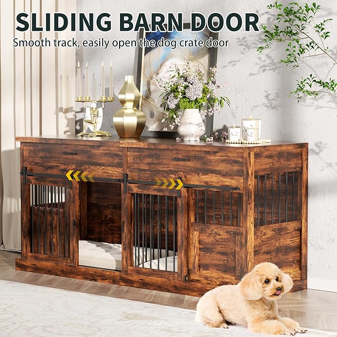 70.9" Dog Kennel Indoor Large, Wooden Farmhouse Dog Crate Furniture with with Divider, Furniture Dog Crate Large Dog