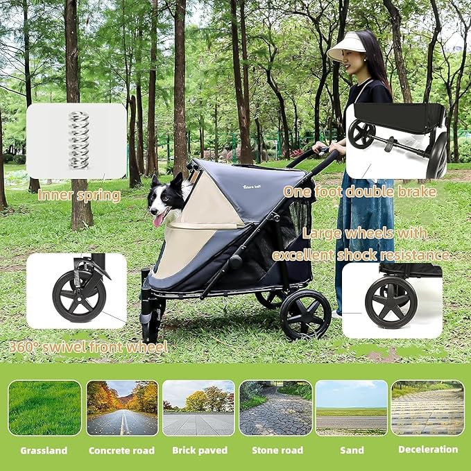 One-Click Folding Dog Stroller for 2 Dogs - 4 Wheel Jogger with Storage Pocket - Suitable for Pets Up to 110LBS (Beige & Grey)
