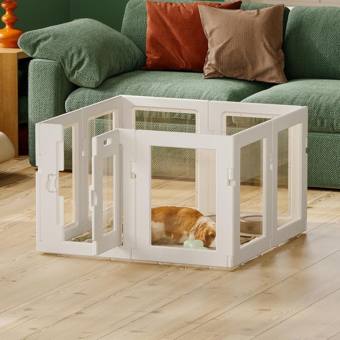 Clear Acrylic Dog Playpen Indoor, Puppy Cat Small Pet Play Pen, Easy Assemble & Disassemble Sturdy Plastic Dog Fence with Heavy Duty Door Lock (24In H, 8PCS), White