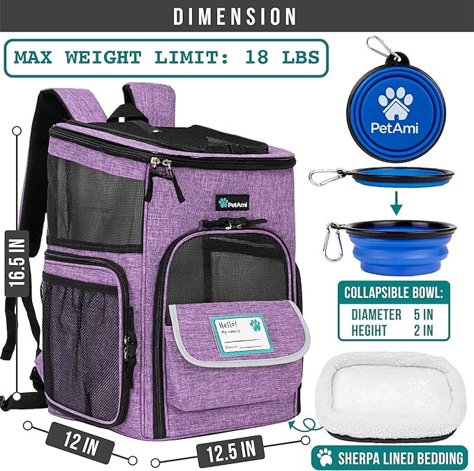 PetAmi Dog Backpack Carrier, Airline Approved Cat Backpacks for Carrying Small Large Cats, Pet Carrier Back Pack, Ventilated Soft Sided for Travel, Hiking, Camping, Max 18 lbs, Purple