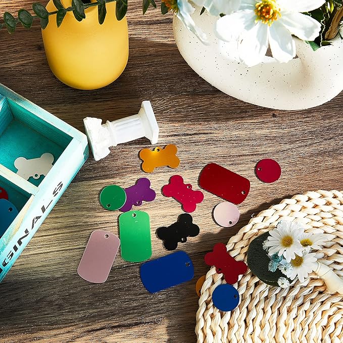 Frienda 60 Pieces Colorful Blank Dog Tags Hand Personalized Blank ID Tags Aluminum Round Dog Bone Shape Pet ID Stamping Discs with Hole for Cats Pets Name Craft