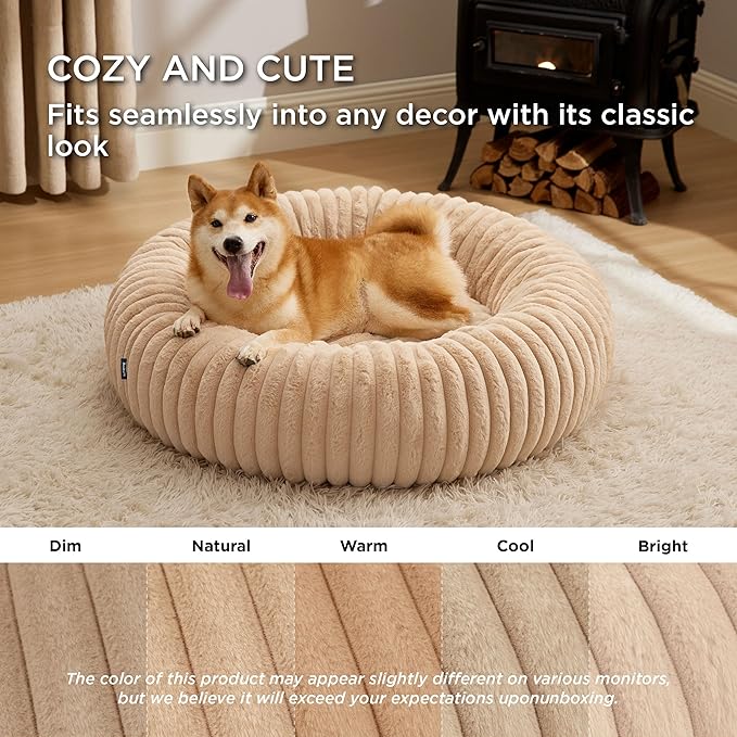 Bedsure Donut Large Dog Bed - Washable Faux Fur Dog Beds Large Sized Dog with Corduroy Fleece & Anti Slip Bottom, Round Pet Beds with Removable Cover, Sandy Tan, 36x36x10 inches