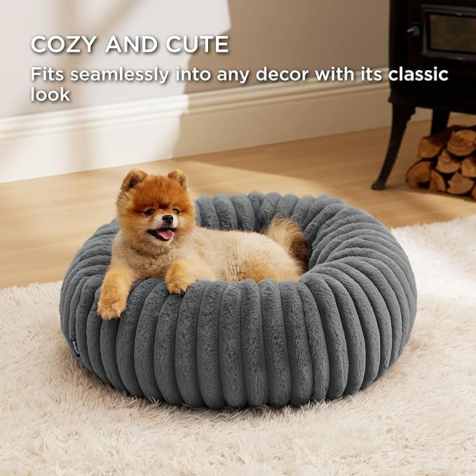 Bedsure Donut Small Dog Bed - Dog Beds for Small Dogs with Corduroy Fleece & Anti Slip Bottom, Round Faux Fur Pet Beds with Washable Removable Cover, Warm Grey, 23x23x8 inches