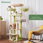 Cat Tree with Tunnel, Cat Tower for Indoor Cats, Tall Cactus Cat Tree Tower with Cat Condo, Food Station, Large Platform, Scratching Posts, Hammock, Green and Yellow GCT021GY