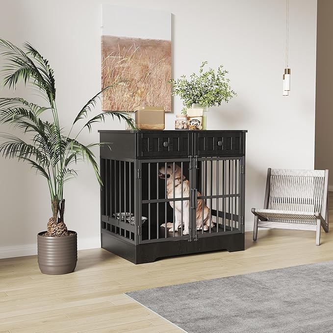 Dog Crate Furniture with 2 Drawers, 35.1" Indoor Wooden Animal Kennel with Detachable & Adjustable Feeder 2 Bowls, Large Medium Small Dog Cage End Table (Advanced Black)