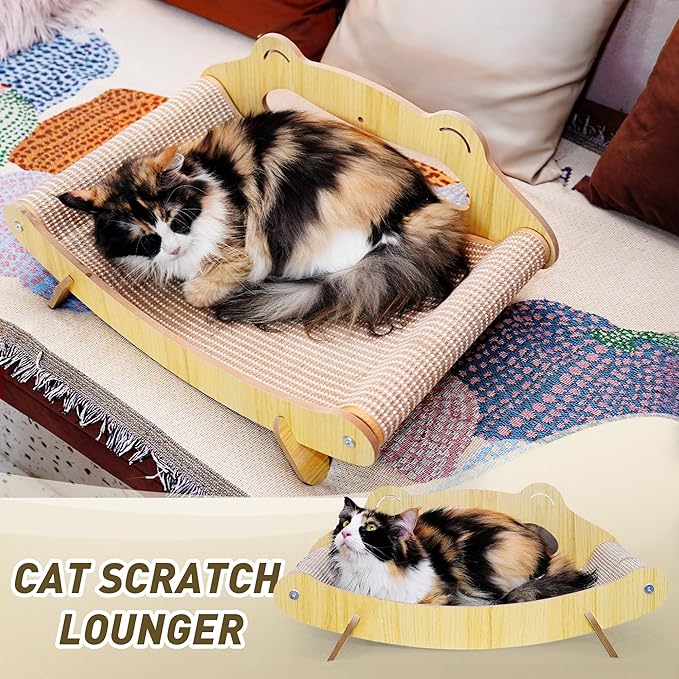 Sisal Cat Scratcher Lounger Bed for Large Indoor Cats – Wooden Cat Scratch Pad, Durable Recliner Chair, Stylish Scratching Couch, 2-in-1 Scratcher & Lounger with Hammock (Large)