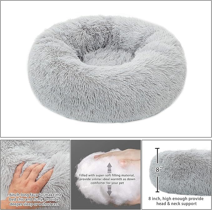 Calming Donut Dog Bed Medium, Plush Round Cuddler Dog & Cat Bed, Anit-Anxiety Marshmellow Fluffy Faux Fur Cushion(24", Light Grey)
