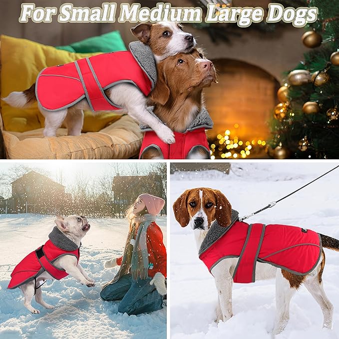 Dogcheer Dog Coat, Christmas Dog Jacket Waterproof Puppy Winter Coat for Cold Weather, Reflective Pet Snow Jacket Warm Turtleneck Fleece Sweater for Small Medium Large Dogs - Red, 3XL