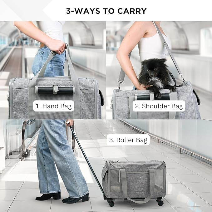 Pet Carrier With Wheels for Dogs Up To 15lbs – Airline Approved Dog Carrier - Rolling Pet Carrier w/ Removable Wheels & Washable Plush Mat – Cat Travel Carrier w/ Telescopic Handle & Shoulder Strap