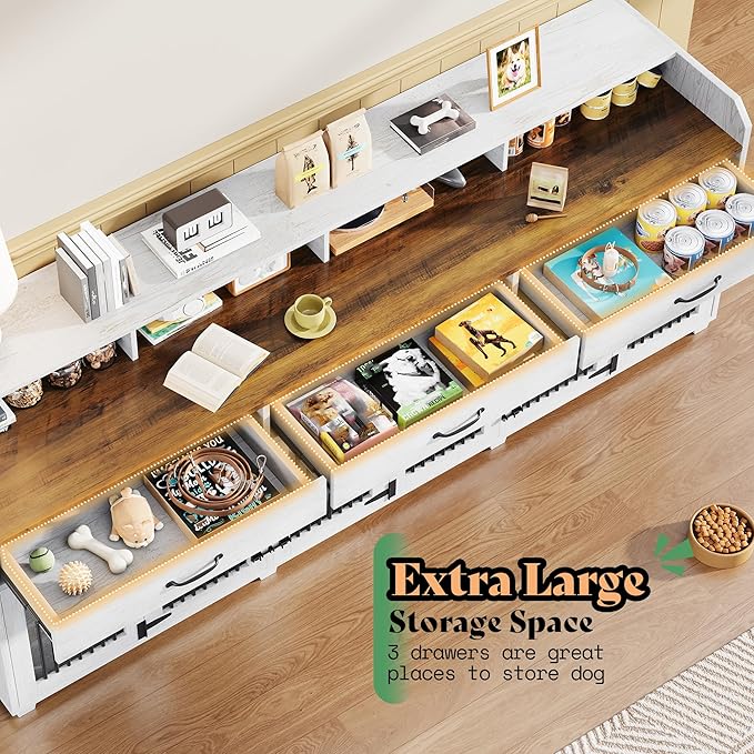 AMERLIFE 95" Large Dog Crate Furniture with Storage, 3-Room Indoor Wooden Dog Kennel for Large/Medium Dogs, TV Stand & Sideboard with Drawers & Removable Divider, White+Barnwood