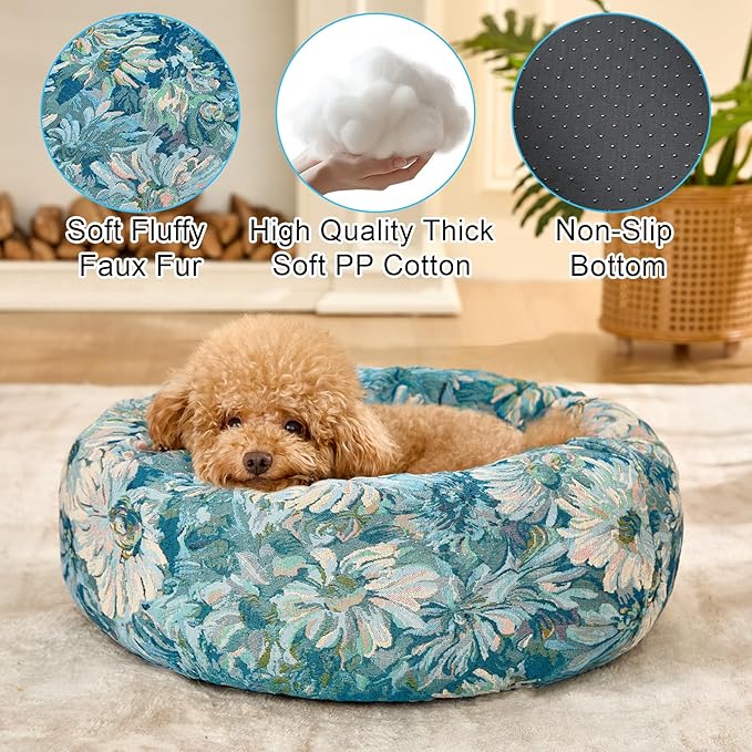 Dog Calming Beds for Small Medium Large Dogs - Round Donut Washable Puppy Dog Bed, Anti-Slip Faux Fur Fluffy Donut Cuddle Anxiety Cat Pet Bed (28" Flower)