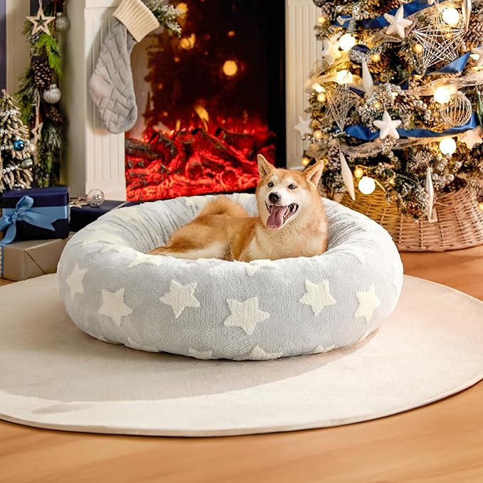 LE SURE Donut Large Dog Bed - Round Cat Beds for Indoor Cats Anti-Anxiety Calming Pet Beds, Washable Cute Modern Beds with Jacquard Shaggy Plush & Anti Slip Bottom, 36 Inch, Galaxy Grey