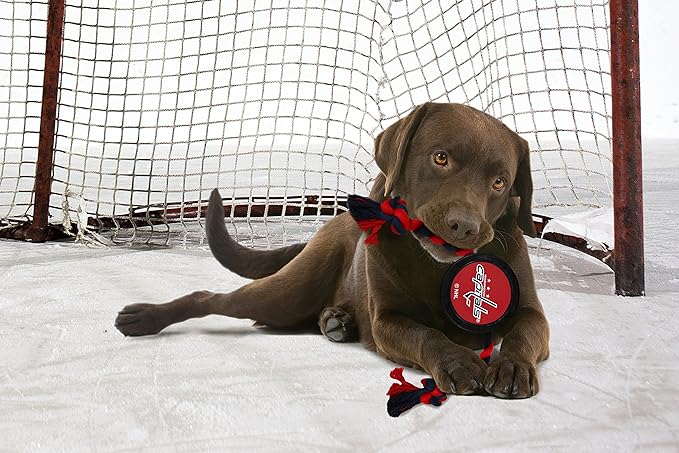Pets First Tough Rubber Dog & Cat Puck Toy - NHL Washington Capitals Heavy-Duty Rope Tug for Dogs & Cats