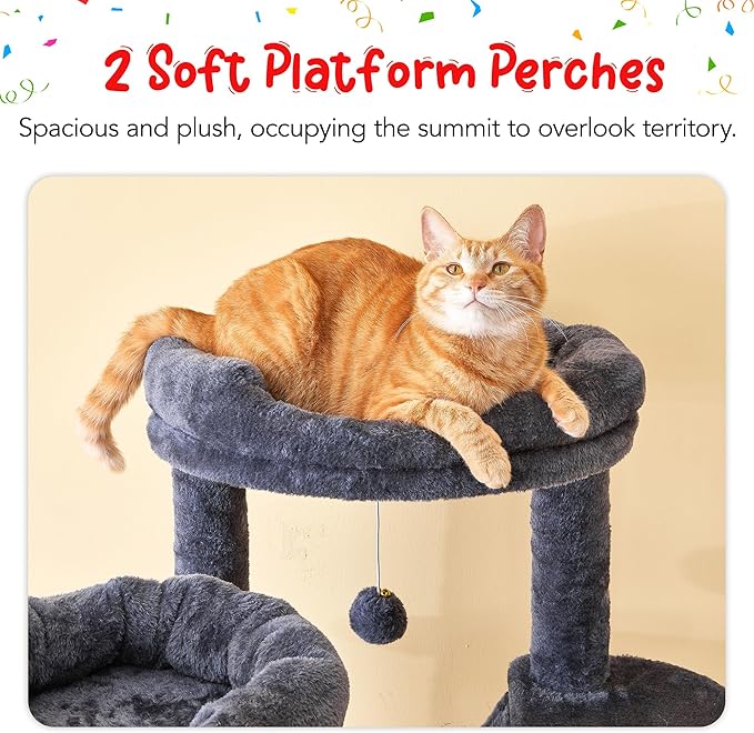 66-Inch Tall Cat Tree for Indoor Cats, Multi-Level Large Cat Tower with 3 Hammocks, 2 Padded Perches, cat Tree Tower with Scratching Post and Hanging Toys for Large Adult,Smoky Grey