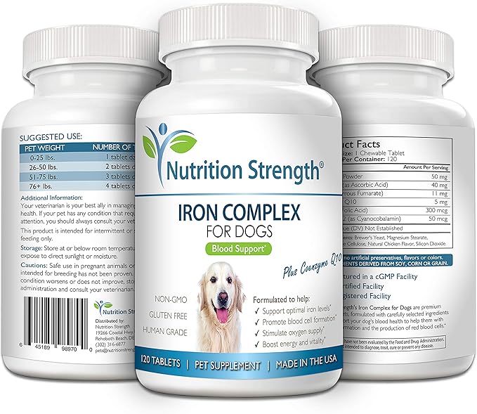Iron for Dogs with Anemia to Support Blood Health, Blood Cell Formation & Oxygen Supply, Iron Supplement for Anemic Dogs + Vitamin C, Folate, Vitamin B12, 120 Chewable Tablets