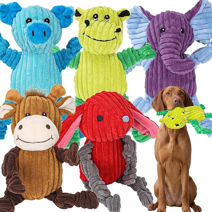 5 Pack Large Plush Squeaky Dog Toys, Funny Stuffed Animal Tough Dog Toys Assortment, Interactive Chew Toy to Keep Them Busy, Pet Dog Toy Bundle for Small Medium Large Dogs