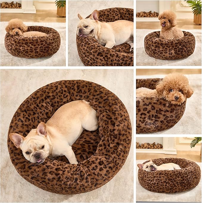 Dog Calming Beds for Small Medium Large Dogs - Round Donut Washable Puppy Dog Bed, Anti-Slip Faux Fur Fluffy Donut Cuddle Anxiety Cat Pet Bed (20" Leopard Print)