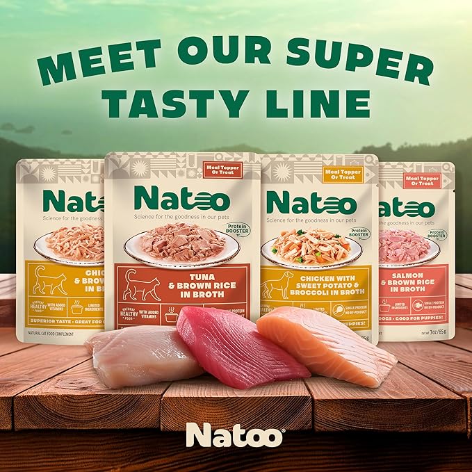 NATOO Cat Food Topper for Picky Eaters, Healthy Soft Kitty Treat (Tuna & Brown Rice in Broth), Wet Cat Meal with Gravy, High Protein, Limited Ingredient Adult & Kitten Food, 2.4 oz (Case of 20)