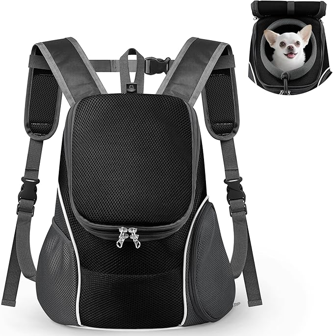WOYYHO Pet Dog Carrier Backpack with Top and Side Windows, Small Dog Front Backpack Ventilated Dog Back Pack with Safety Belt for Travel Hiking Outdoor Adventures (Size M: 5-9 lbs, Black 2.0)
