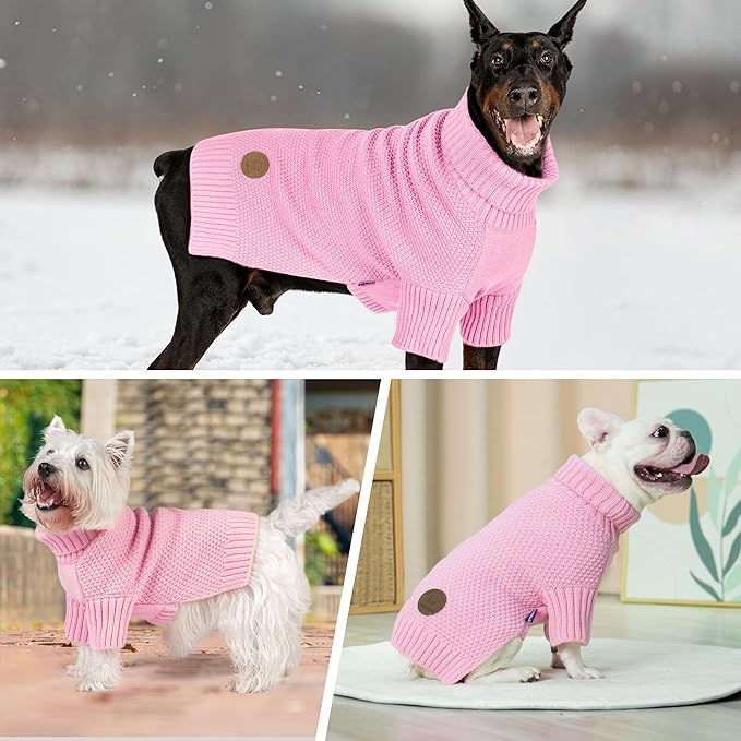 cyeollo Small Dog Sweater with Leash Hole Warm Turtleneck Knitwear Dog Clothes Puppy Sweaters for Small Dogs,Pink, S