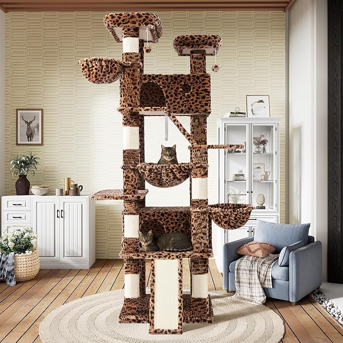 SHA CERLIN 81in Multi-Level Tall Cat Tree Tower for Indoor Kitties/Larger Cat Condo Furniture with Hammock/Cozy Pussycat Perches/Sisal Scratching Posts/Pet House/Wide Base/Leopard Print