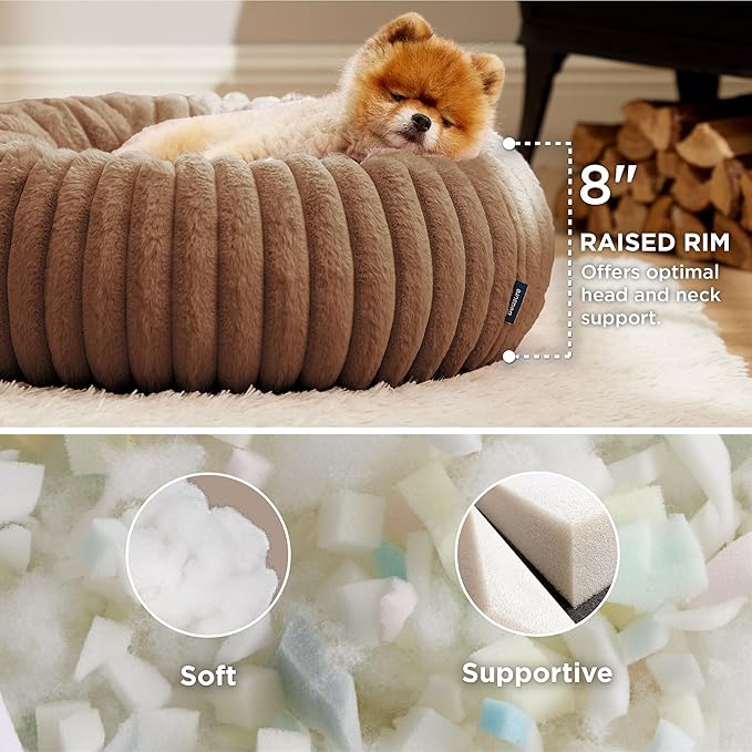 Bedsure Donut Small Dog Bed - Dog Beds for Small Dogs with Corduroy Fleece & Anti Slip Bottom, Round Faux Fur Pet Beds with Washable Removable Cover, Copper Brown, 23x23x8 inches