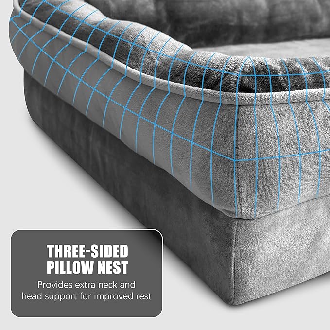 Orthopedic Dog Bed with Sides - Dog Sofa Beds for Large Dogs, Supportive Foam Pet Couch Bed with Washable Removable Cover, Waterproof Lining and Non-Slip Bottom, Grey - L-Plus