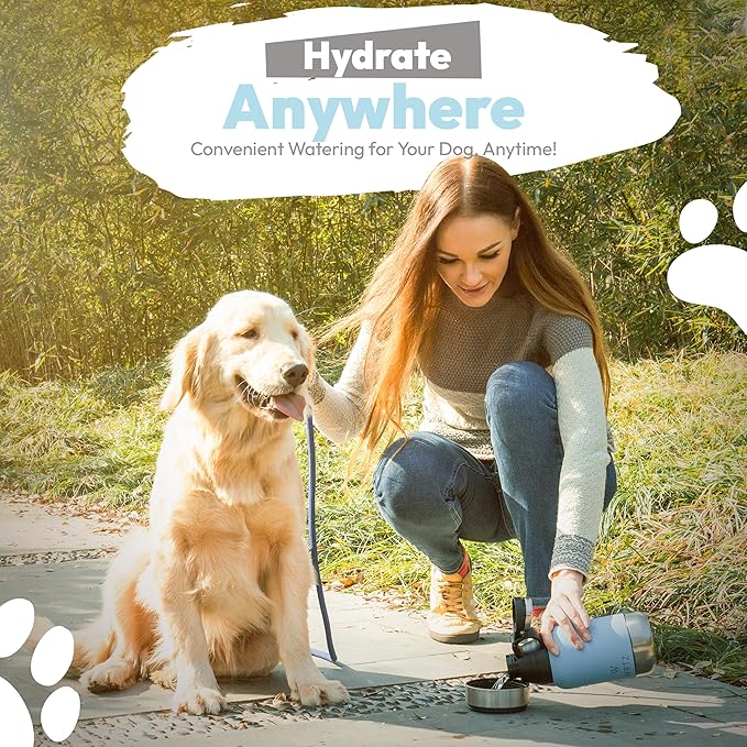 Stainless Steel Insulated Water Bottle with 2 Removable Water Bowls for Dogs – Leak-Proof Portable Dog Water Bottle - Travel Accessories for Dogs - 32oz - Blue