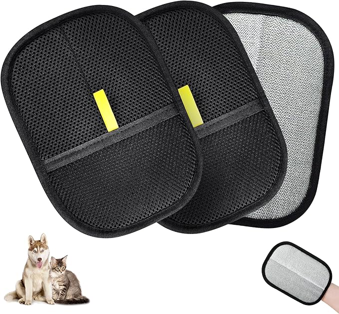 3 Pcs Electrostatic Pet Hair Removal Gloves with Bidirectional Bristle Design, Washable Reusable Cat Dog Hair Remover Grooming Glove Tool for Furniture, Bed Sheets,Car Seat (Black)