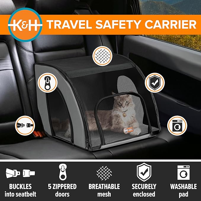 K&H Pet Products Enclosed Dog Cat Car Seat, Travel Safety Carrier for Pets, Dog Travel Car Seat, Soft-Sided Covered Cat Carrier, Washable Pad, Multiple Entrances, Mesh Windows - Small 17 X 16 X 15in
