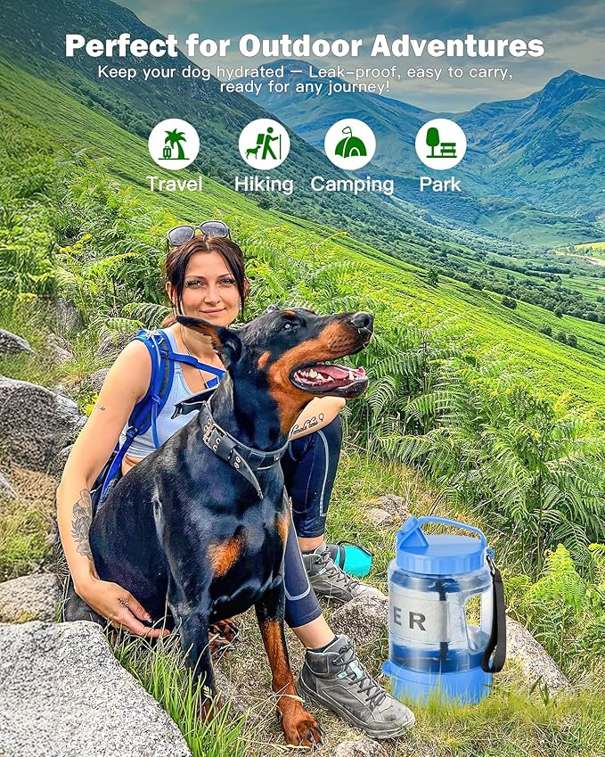 Large Dog Water Bottle Portable Bowl - 77oz Dog Travel Water Dispenser with Pull Out Bowl, Ideal for Hiking, Camping, Dog Parks, Leak-Proof BPA-Free Outdoor Pet Bottle for Large Dogs, Blue