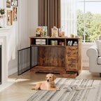 48'' Dog Crate Furniture, Farmhouse Heavy Duty Dog Kennel with Bowl & Storage Drawers, Medium Dog Cage End Table for Small Medium Dogs, Retro Brown