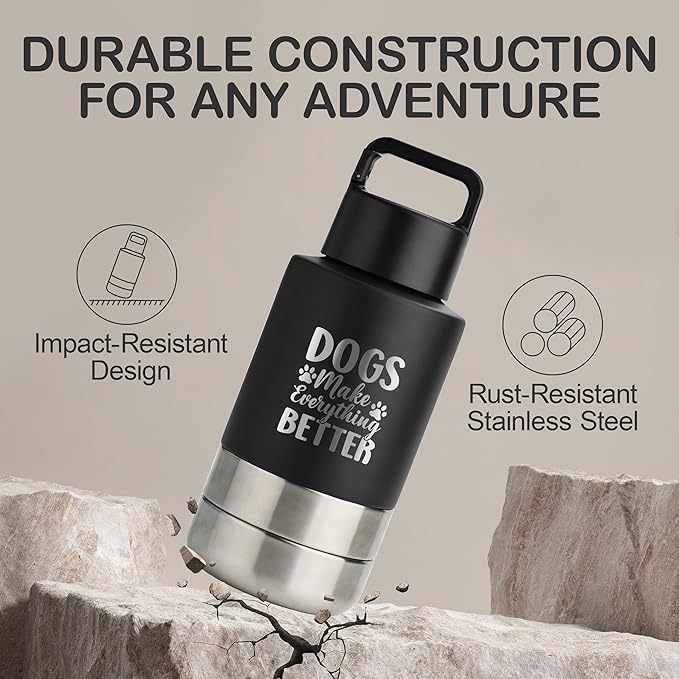 Insulated Dog Travel Water Bottle With Detachable Bowls, Ideal Gifts for Dog Lovers, Portable Water Bottle Dispenser, For Walking, Hiking, Camping, Outdoor (Black:Dogs Better, 32 Oz)