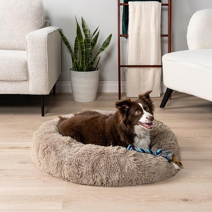 PetAmi Calming Dog Bed for Small Medium Dog Cat, Round Donut Dog Bed Washable, Fluffy Faux Fur Plush Cuddler Pet Kitten Cushion Bed, Anti-Slip, Fits up to 45 lbs, 30 inch, Taupe
