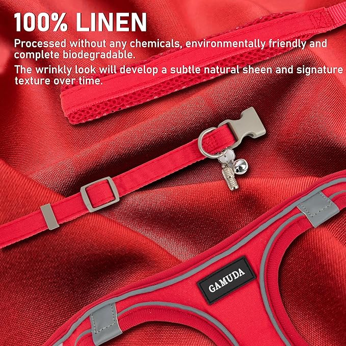 GAMUDA Small Pet Harness Collar and Leash Set, Step in No Chock No Pull Linen Fabric Soft Mesh Dog Vest Harnesses Reflective for Dogs Puppy Cats Kitten Rabbit (Red, L)