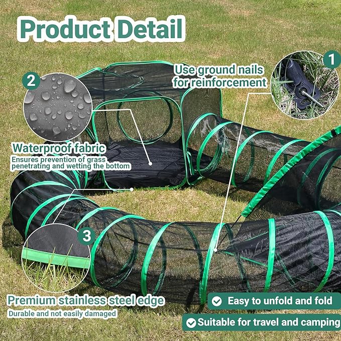 4-in-1 Outdoor Cat Enclosure, Enclosed Cat Tent Include 2 Tents & 2 Tunnels, Portable Pet Playpen for Kitty and Small Animal Within Storage Bag, Support Expansion