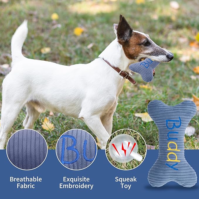 2025 Personalized Squeaky Dog Toys, Embroidered Bone Shape Corduroy Pet Pillow 8"x5"with Name, Dog Chew Puzzle Toy Custom Color Birthday Gifts for Small Medium Dogs