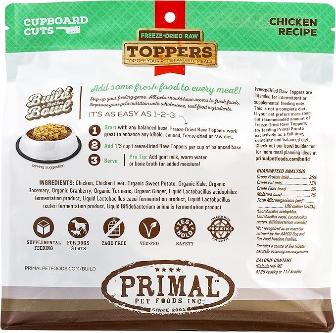 Primal Dog Food Toppers & Cat Food Toppers, Cupboard Cuts, Grain Free Meal Mixers with Probiotics, Raw Freeze Dried Dog Treats & Cat Treats, Great for Training, (Chicken, 18 oz)
