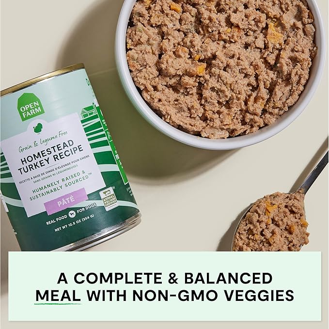 Open Farm Canned Dog Food, Paté for Complete & Balanced Nutrition, Grain-Free and Legume-Free, Homestead Turkey Recipe, 12.5oz Cans (Pack of 12)