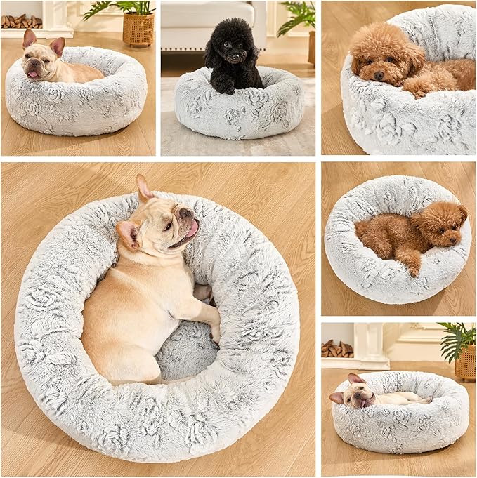 Dog Calming Beds for Small Medium Large Dogs - Round Donut Washable Puppy Dog Bed, Anti-Slip Faux Fur Fluffy Donut Cuddle Anxiety Cat Pet Bed (28" Rose)