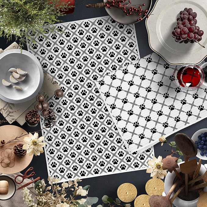 Black and White Diamond Dog Paw Kitchen Towels, Dog Lover Mom Gifts Dish Tea Towels for Kitchen Decor, Puppy Pet Lover Gifts Hand Towels for Bathroom Decor, 16x24 Inch Set of 2