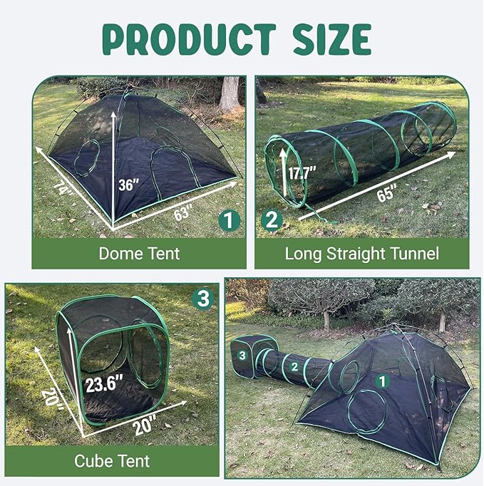 3-in-1 Outdoor Cat Enclosures, Portable Catio Green Cat Tents for Outside, Cat Tents with 1 Dome Tent,1 Straight Tunnel and 1 Cube, Outdoor Cat Playpen for Cats, Rabbits and Other Animals