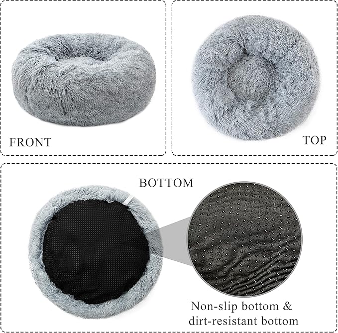 Calming Donut Dog Bed Small, Plush Round Cuddler Dog & Cat Bed, Anit-Anxiety Marshmellow Fluffy Faux Fur Cushion(20", Grey)
