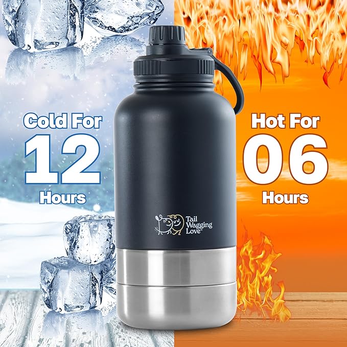 32oz 3-in-1 Portable Travel Water Bottle, Food & Hydration Bottle - Dual Use for Humans & Pets with Detachable Bowls, Stainless Steel, Keeps Water Hot for 6hrs & Cold for 12hrs