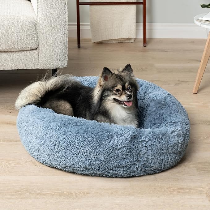 PetAmi Calming Dog Bed for Small Medium Dog Cat, Round Donut Washable, Fluffy Faux Fur Plush Cuddler Pet Kitten Cushion, Anti-Slip, Fits up to 25 lbs, 23 inch, Dusty Blue