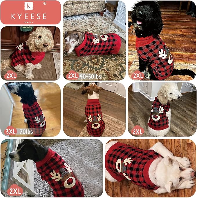KYEESE Dog Christmas Sweater Reindeer Large Dogs Sweater with Leash Hole Christmas Pet Sweater Dogs Christmas Outfit Dog Christmas Outfit Red Buffalo Check Pet Sweater, XXXL